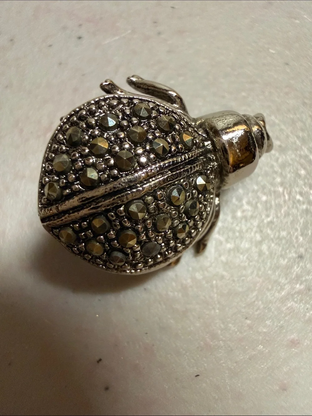 Silver-Tone Ladybug Marcasite Brooch